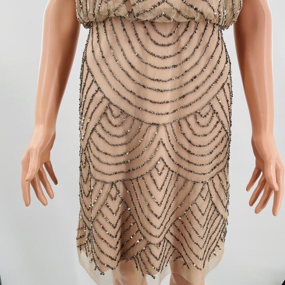 Adrianna Papell Nude Beaded Blouson Strappy Fancy Art Deco Cocktail Dress 6 - Picture 7 of 11